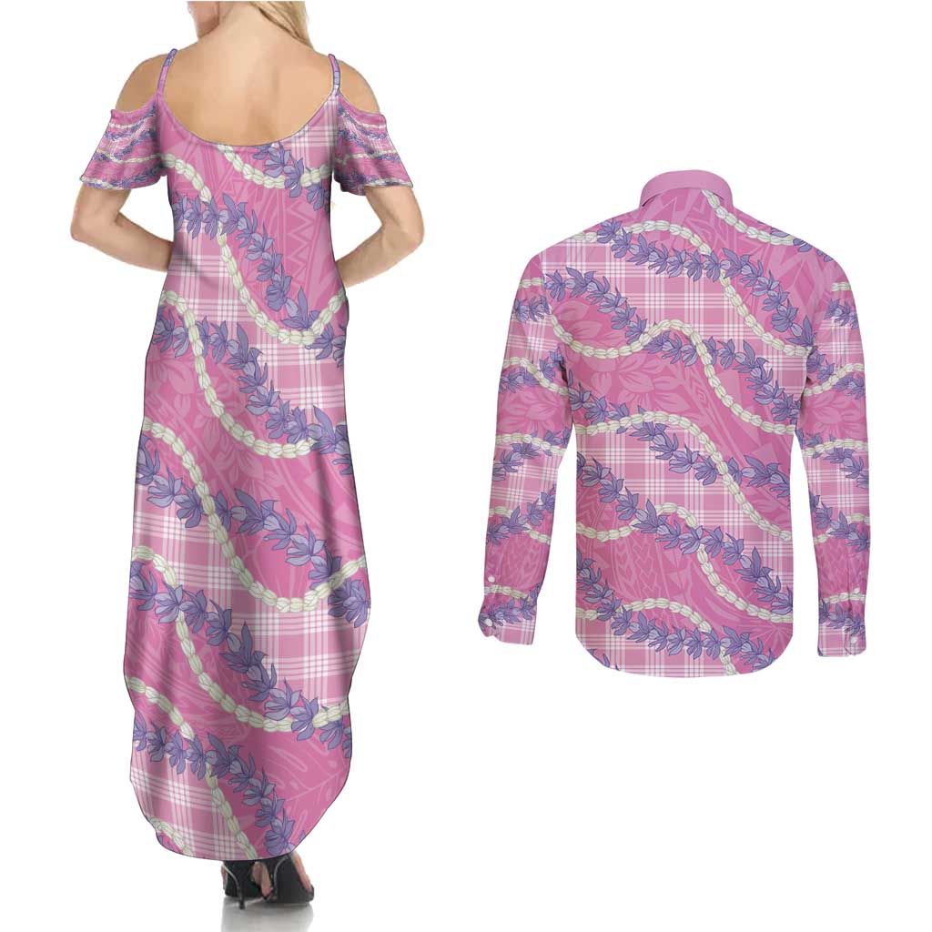 Pink Hawaii Palaka Honohono Pikake Couples Matching Summer Maxi Dress and Long Sleeve Button Shirt Hawaiian Orchid Lei Polynesian Pattern - Polynesian Pride