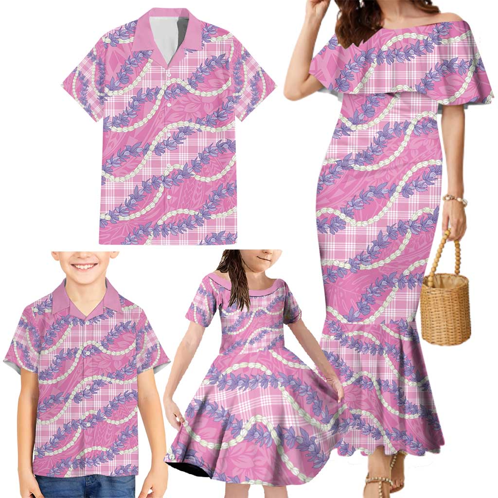 Pink Hawaii Palaka Honohono Pikake Family Matching Mermaid Dress and Hawaiian Shirt Hawaiian Orchid Lei Polynesian Pattern - Polynesian Pride