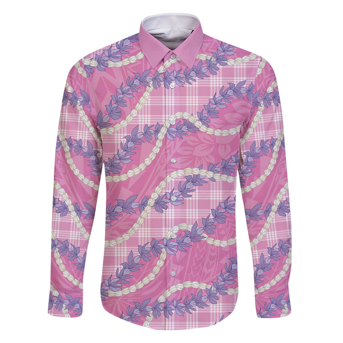 Pink Hawaii Palaka Honohono Pikake Family Matching Off The Shoulder Long Sleeve Dress and Hawaiian Shirt Hawaiian Orchid Lei Polynesian Pattern - Polynesian Pride