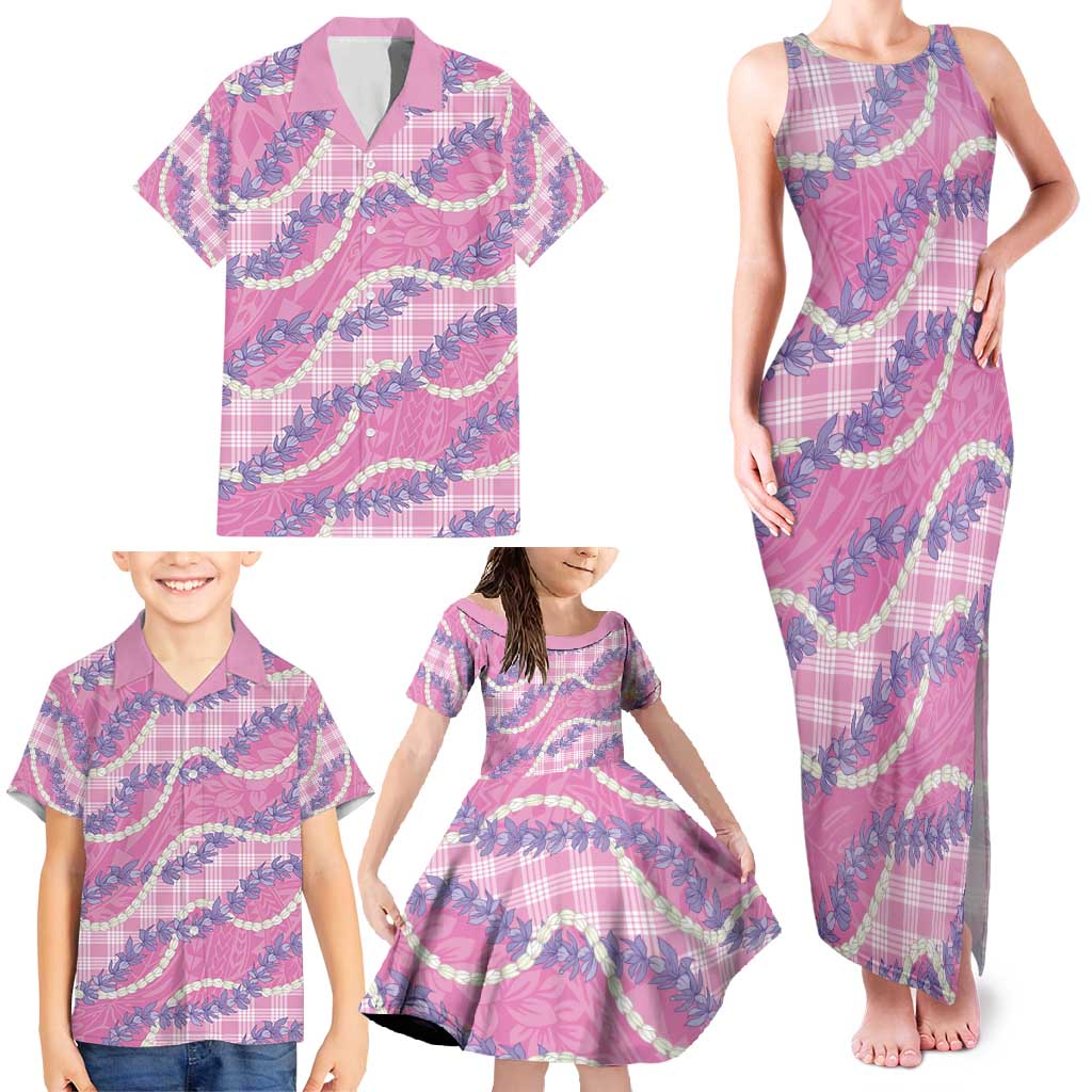 Pink Hawaii Palaka Honohono Pikake Family Matching Tank Maxi Dress and Hawaiian Shirt Hawaiian Orchid Lei Polynesian Pattern - Polynesian Pride