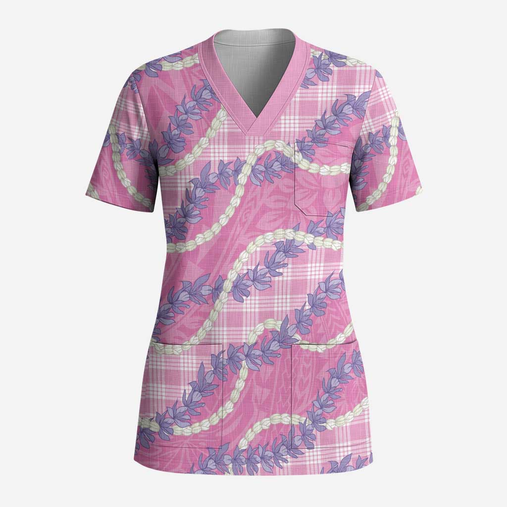 Pink Hawaii Palaka Honohono Pikake Scrub Top Hawaiian Orchid Lei Polynesian Pattern LT14 Adult Pink - Polynesian Pride