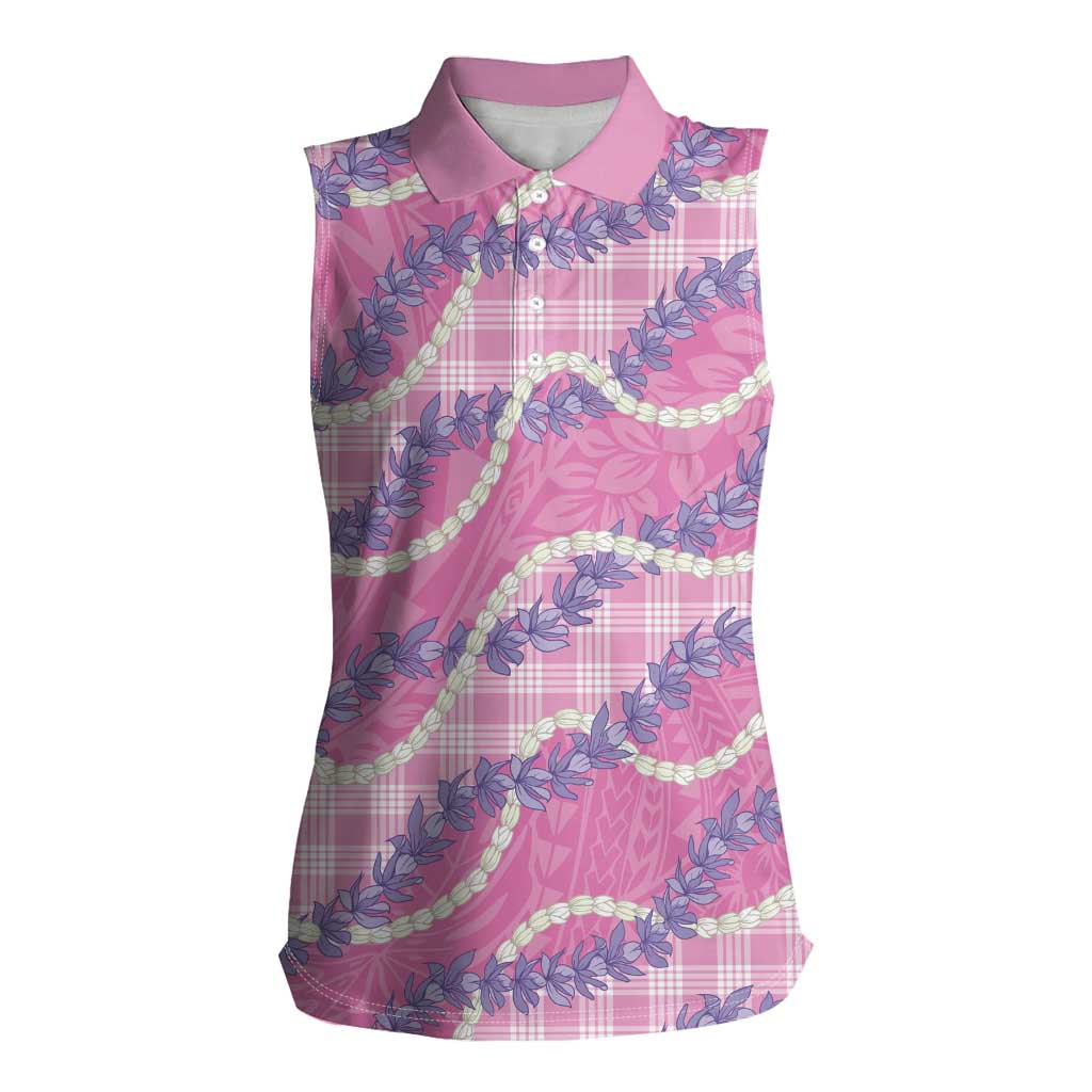 Pink Hawaii Palaka Honohono Pikake Women Sleeveless Polo Shirt Hawaiian Orchid Lei Polynesian Pattern - Polynesian Pride