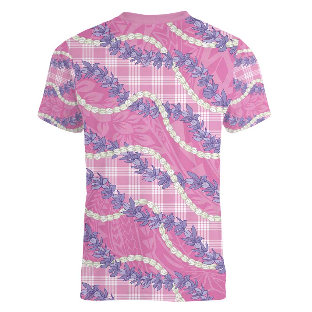 Pink Hawaii Palaka Honohono Pikake Women V-Neck T-Shirt Hawaiian Orchid Lei Polynesian Pattern - Polynesian Pride