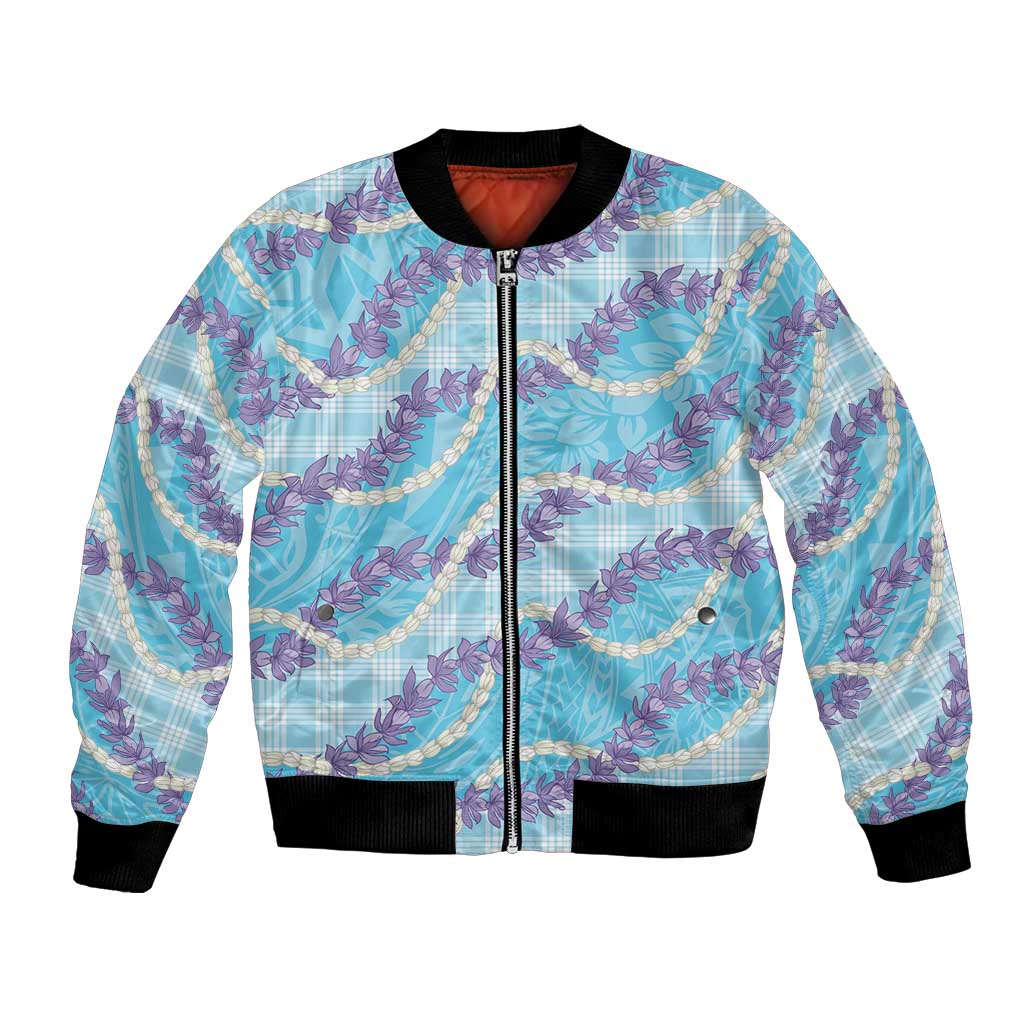 Blue Hawaii Palaka Honohono Pikake Bomber Jacket Hawaiian Orchid Lei Polynesian Pattern LT14 Unisex Blue - Polynesian Pride