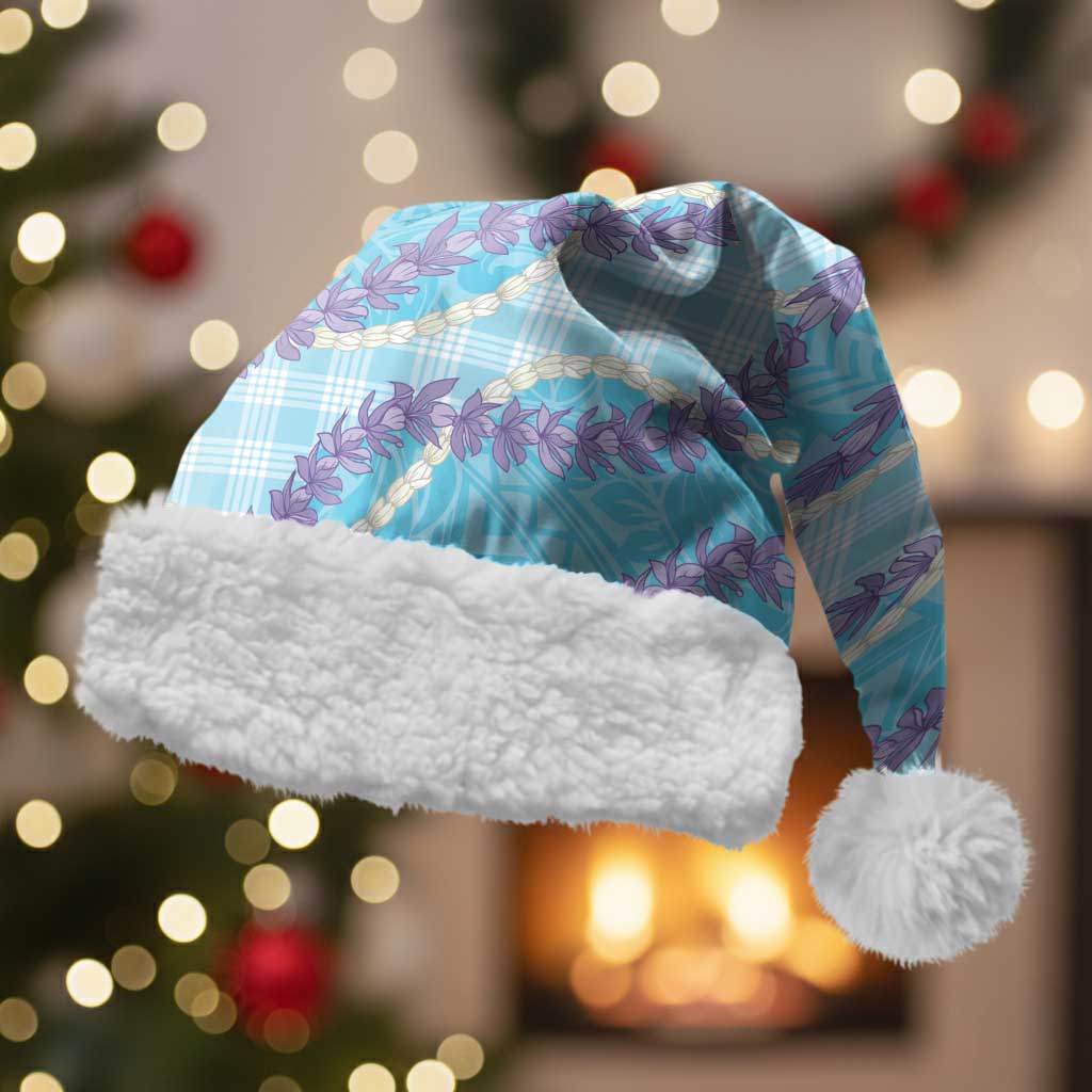 Blue Hawaii Palaka Honohono Pikake Christmas Santa Hat Hawaiian Orchid Lei Polynesian Pattern - Polynesian Pride
