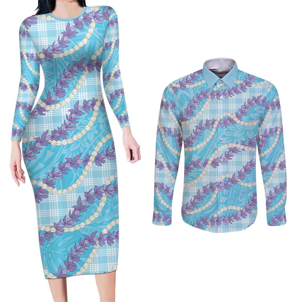 Blue Hawaii Palaka Honohono Pikake Couples Matching Long Sleeve Bodycon Dress and Long Sleeve Button Shirt Hawaiian Orchid Lei Polynesian Pattern - Polynesian Pride