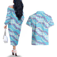 Blue Hawaii Palaka Honohono Pikake Couples Matching Off The Shoulder Long Sleeve Dress and Hawaiian Shirt Hawaiian Orchid Lei Polynesian Pattern - Polynesian Pride
