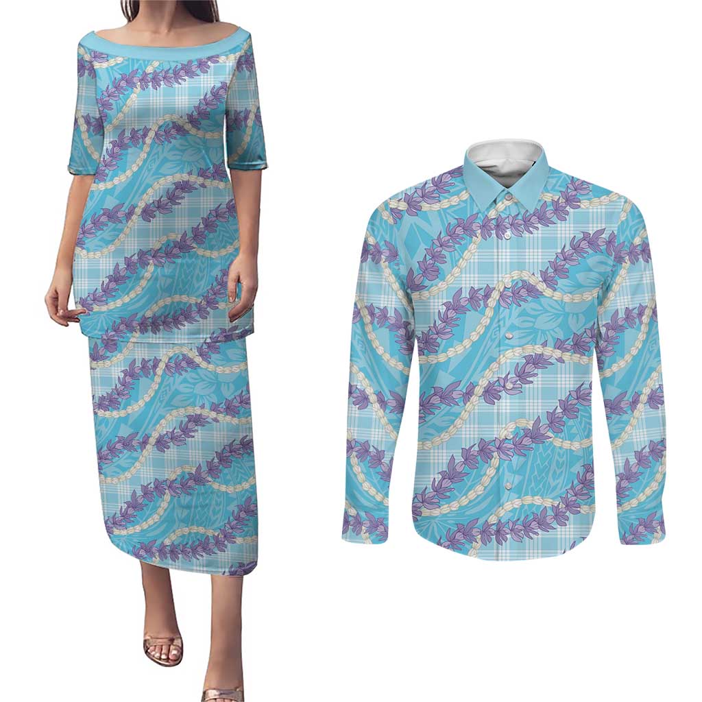 Blue Hawaii Palaka Honohono Pikake Couples Matching Puletasi and Long Sleeve Button Shirt Hawaiian Orchid Lei Polynesian Pattern LT14 Blue - Polynesian Pride