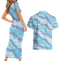 Blue Hawaii Palaka Honohono Pikake Couples Matching Short Sleeve Bodycon Dress and Hawaiian Shirt Hawaiian Orchid Lei Polynesian Pattern - Polynesian Pride