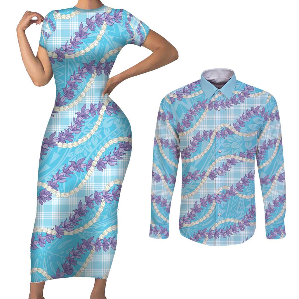 Blue Hawaii Palaka Honohono Pikake Couples Matching Short Sleeve Bodycon Dress and Long Sleeve Button Shirt Hawaiian Orchid Lei Polynesian Pattern - Polynesian Pride