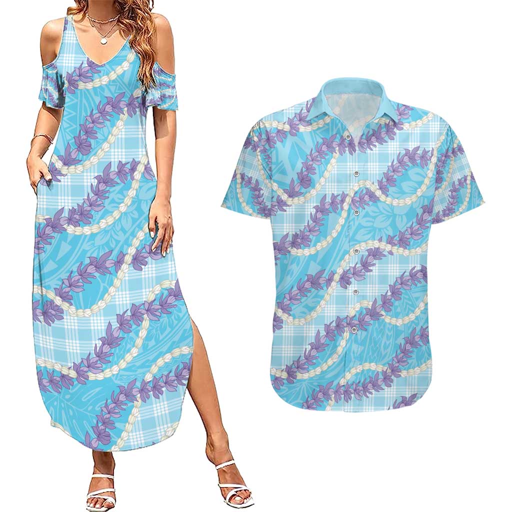 Blue Hawaii Palaka Honohono Pikake Couples Matching Summer Maxi Dress and Hawaiian Shirt Hawaiian Orchid Lei Polynesian Pattern - Polynesian Pride