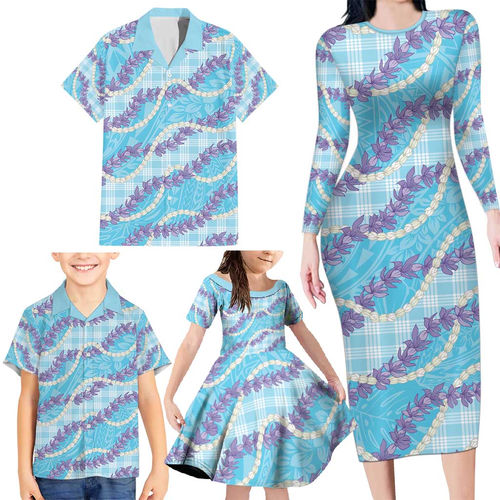 Blue Hawaii Palaka Honohono Pikake Family Matching Long Sleeve Bodycon Dress and Hawaiian Shirt Hawaiian Orchid Lei Polynesian Pattern - Polynesian Pride