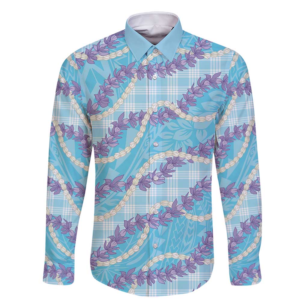 Blue Hawaii Palaka Honohono Pikake Family Matching Long Sleeve Bodycon Dress and Hawaiian Shirt Hawaiian Orchid Lei Polynesian Pattern - Polynesian Pride