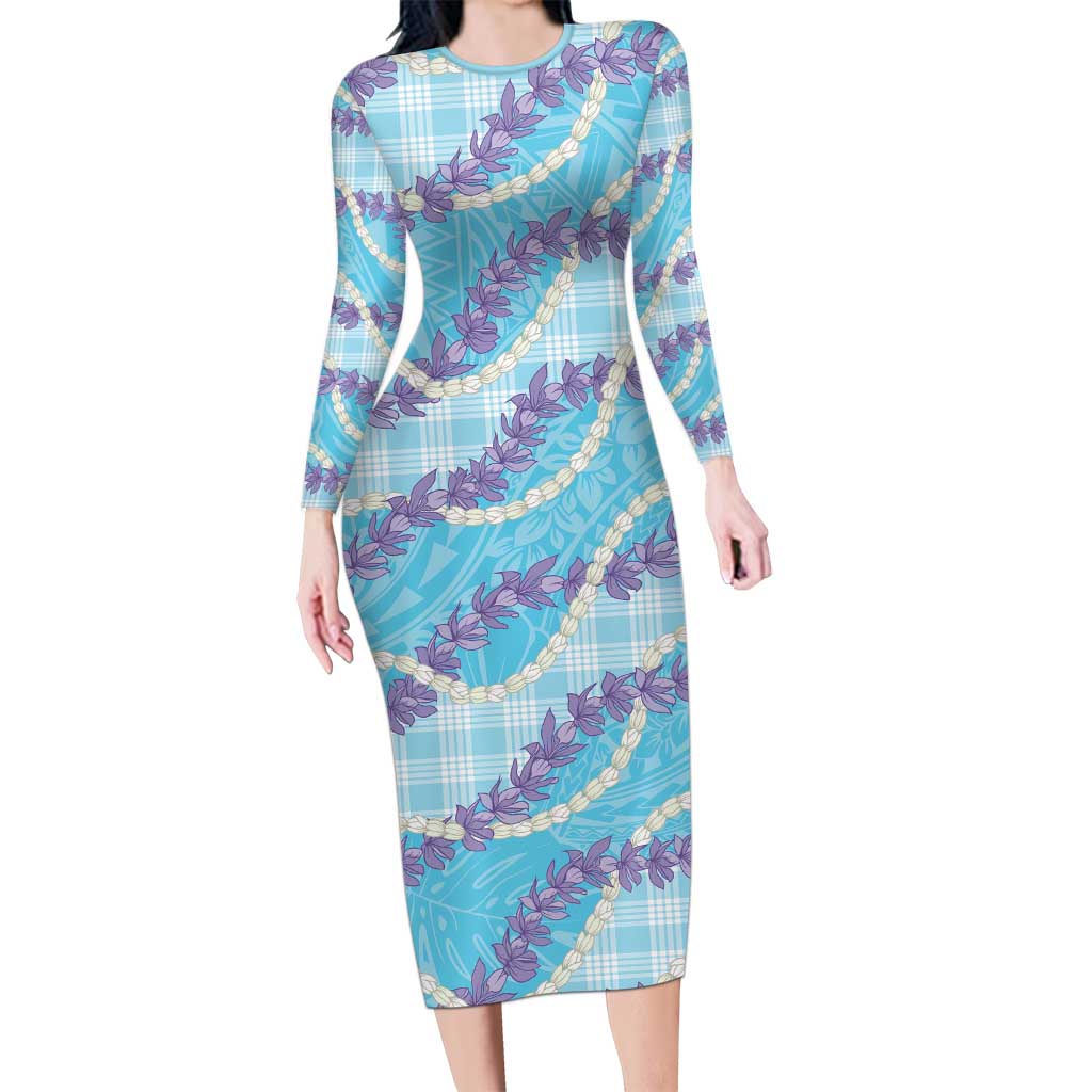 Blue Hawaii Palaka Honohono Pikake Family Matching Long Sleeve Bodycon Dress and Hawaiian Shirt Hawaiian Orchid Lei Polynesian Pattern - Polynesian Pride