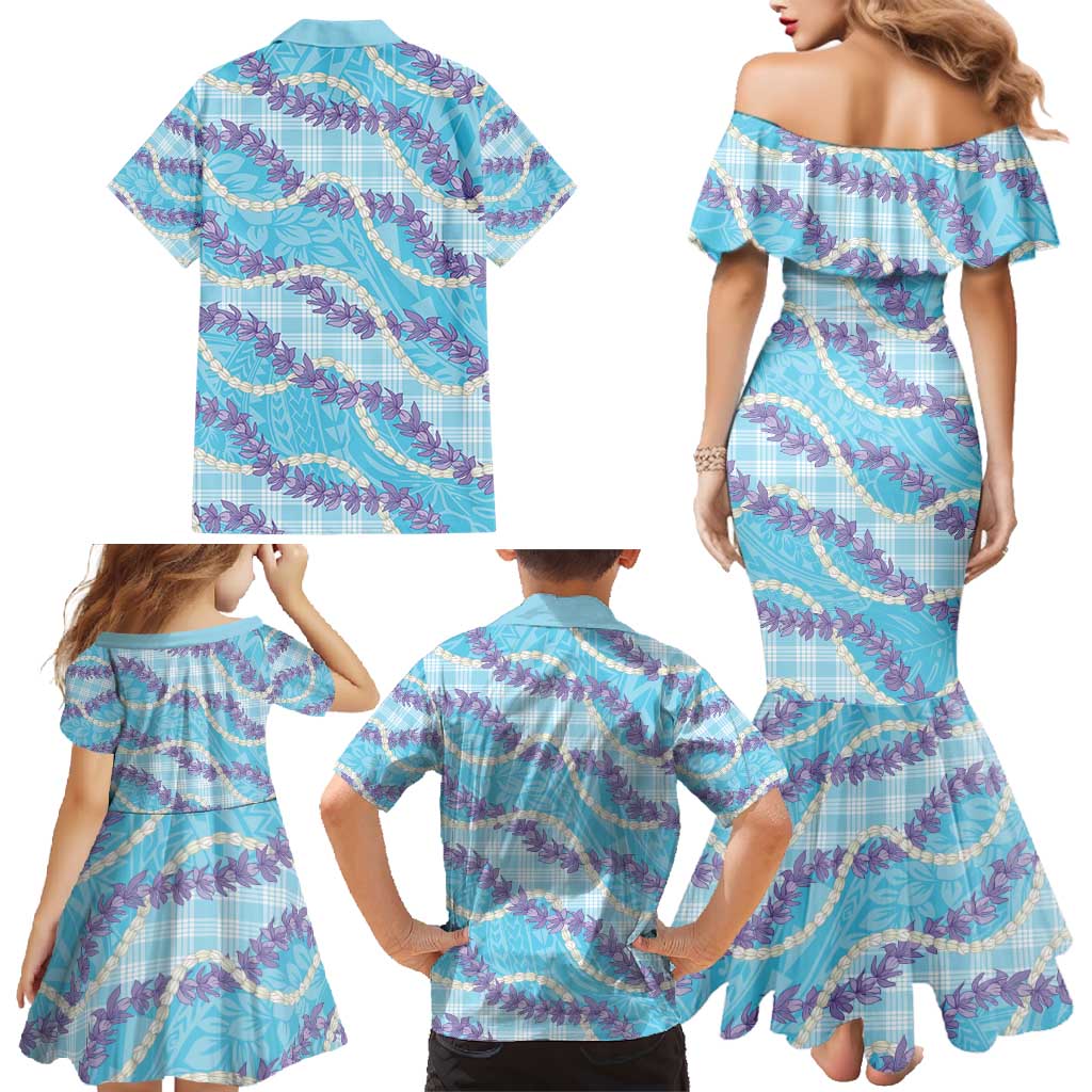 Blue Hawaii Palaka Honohono Pikake Family Matching Mermaid Dress and Hawaiian Shirt Hawaiian Orchid Lei Polynesian Pattern - Polynesian Pride