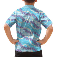 Blue Hawaii Palaka Honohono Pikake Family Matching Off The Shoulder Long Sleeve Dress and Hawaiian Shirt Hawaiian Orchid Lei Polynesian Pattern - Polynesian Pride