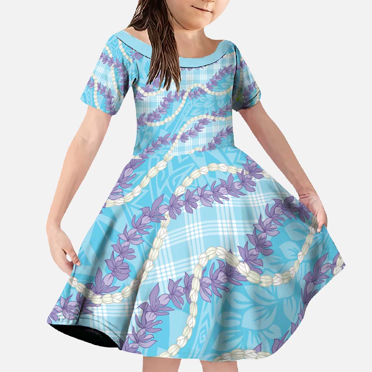 Blue Hawaii Palaka Honohono Pikake Family Matching Off The Shoulder Long Sleeve Dress and Hawaiian Shirt Hawaiian Orchid Lei Polynesian Pattern - Polynesian Pride