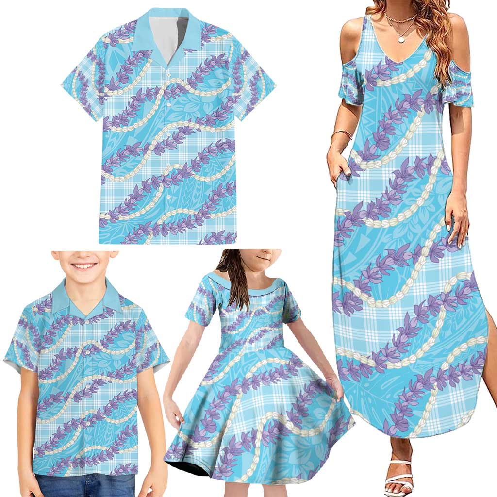 Blue Hawaii Palaka Honohono Pikake Family Matching Summer Maxi Dress and Hawaiian Shirt Hawaiian Orchid Lei Polynesian Pattern - Polynesian Pride
