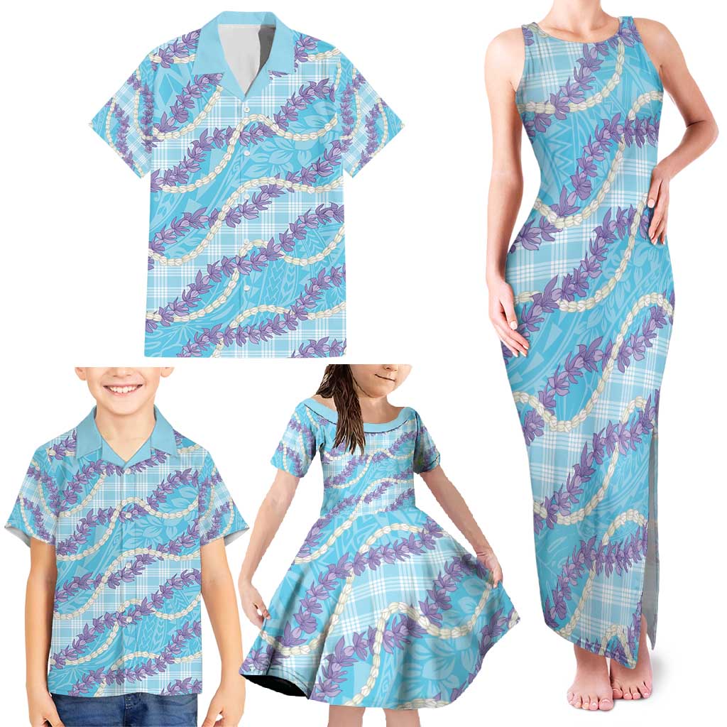 Blue Hawaii Palaka Honohono Pikake Family Matching Tank Maxi Dress and Hawaiian Shirt Hawaiian Orchid Lei Polynesian Pattern - Polynesian Pride