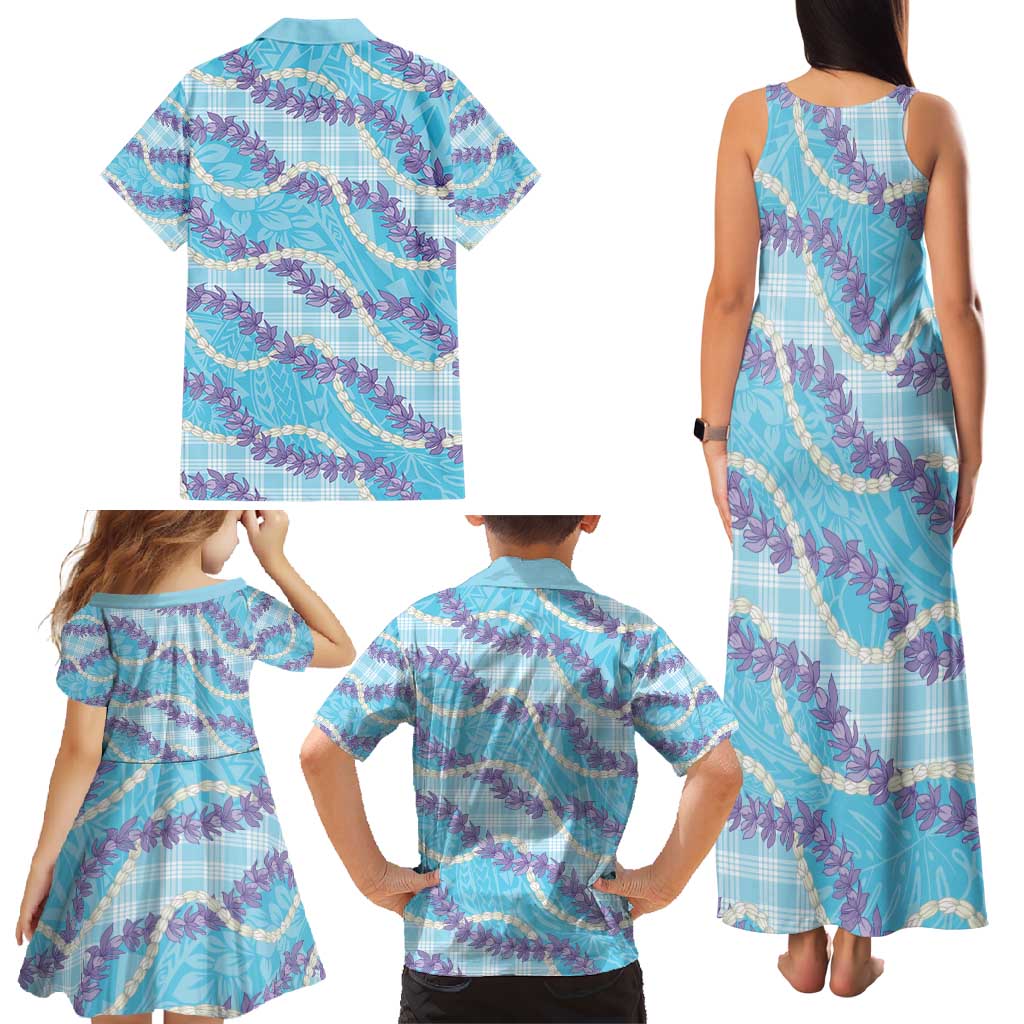 Blue Hawaii Palaka Honohono Pikake Family Matching Tank Maxi Dress and Hawaiian Shirt Hawaiian Orchid Lei Polynesian Pattern - Polynesian Pride