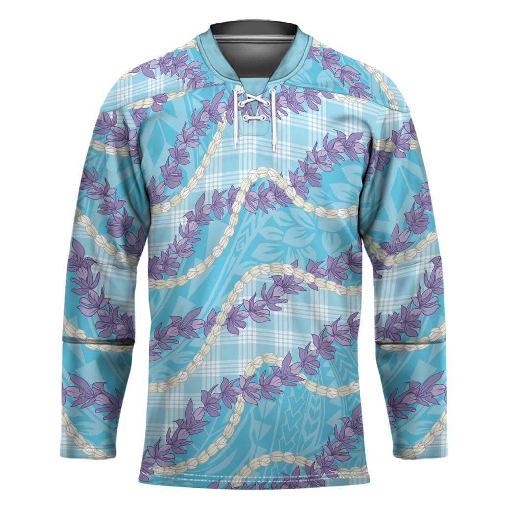 Blue Hawaii Palaka Honohono Pikake Hockey Jersey Hawaiian Orchid Lei Polynesian Pattern - Polynesian Pride