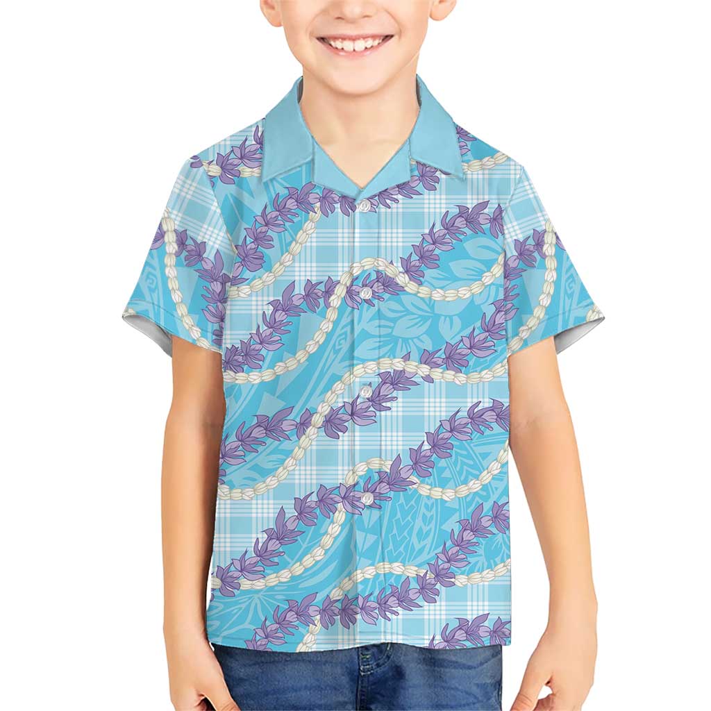 Blue Hawaii Palaka Honohono Pikake Kid Hawaiian Shirt Hawaiian Orchid Lei Polynesian Pattern LT14 Kid Blue - Polynesian Pride