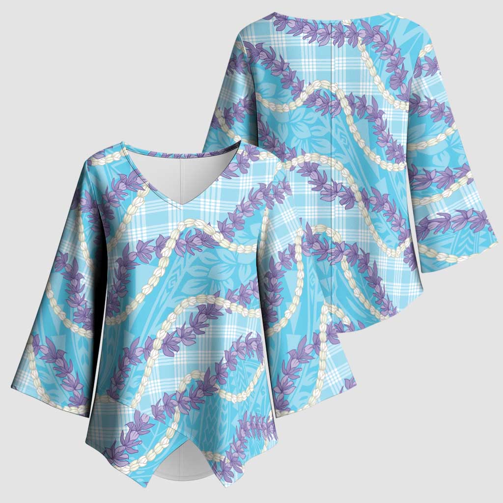 Blue Hawaii Palaka Honohono Pikake Kimono Sleeve Blouse Hawaiian Orchid Lei Polynesian Pattern - Polynesian Pride