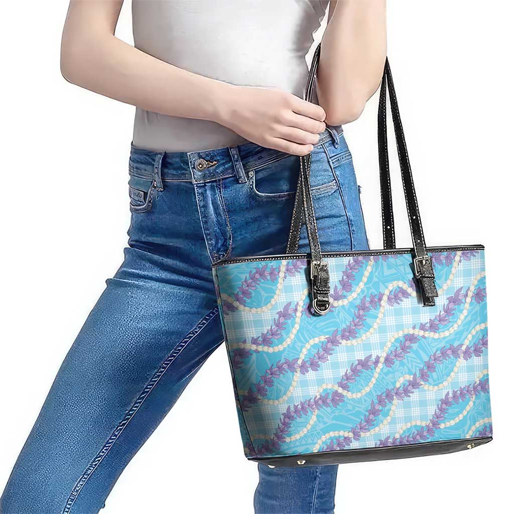 Blue Hawaii Palaka Honohono Pikake Leather Tote Bag Hawaiian Orchid Lei Polynesian Pattern - Polynesian Pride