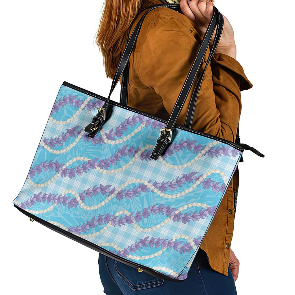 Blue Hawaii Palaka Honohono Pikake Leather Tote Bag Hawaiian Orchid Lei Polynesian Pattern - Polynesian Pride