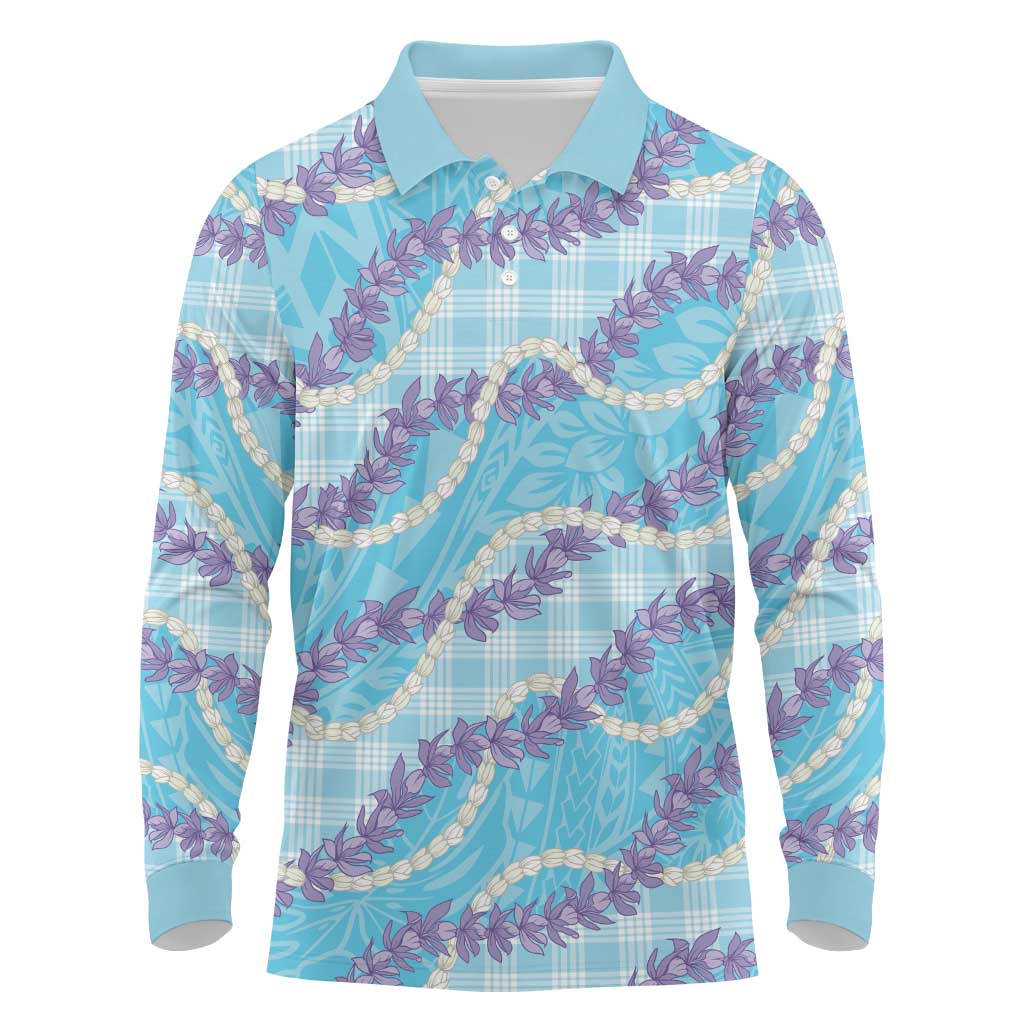 Blue Hawaii Palaka Honohono Pikake Long Sleeve Polo Shirt Hawaiian Orchid Lei Polynesian Pattern - Polynesian Pride