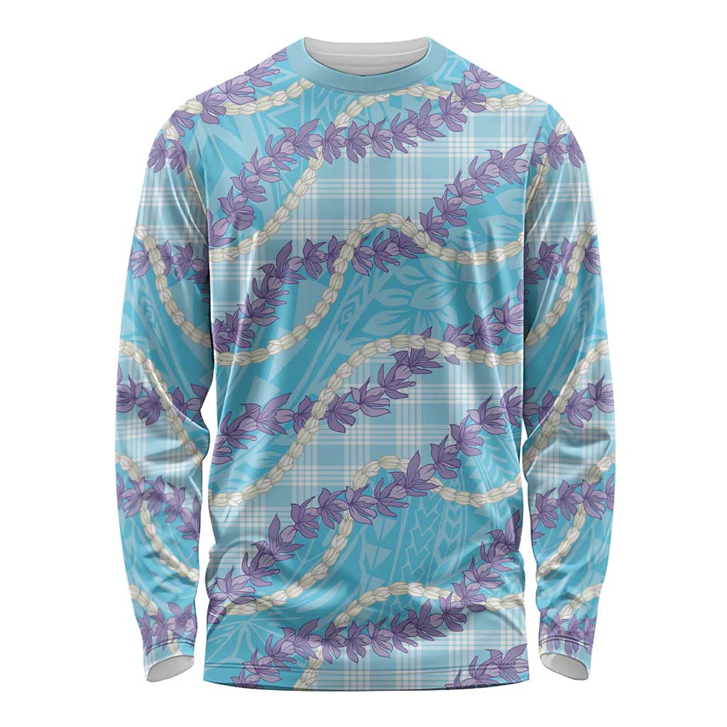 Blue Hawaii Palaka Honohono Pikake Long Sleeve Shirt Hawaiian Orchid Lei Polynesian Pattern - Polynesian Pride