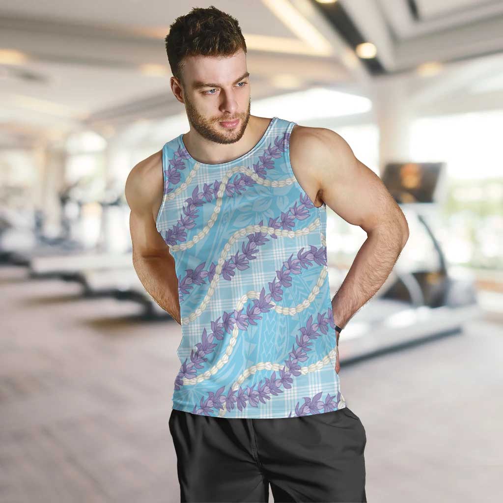 Blue Hawaii Palaka Honohono Pikake Men Tank Top Hawaiian Orchid Lei Polynesian Pattern - Polynesian Pride
