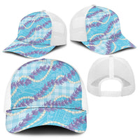 Blue Hawaii Palaka Honohono Pikake Mesh Trucker Cap Hawaiian Orchid Lei Polynesian Pattern - Polynesian Pride