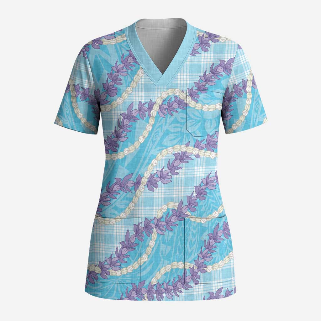 Blue Hawaii Palaka Honohono Pikake Scrub Top Hawaiian Orchid Lei Polynesian Pattern LT14 Adult Blue - Polynesian Pride