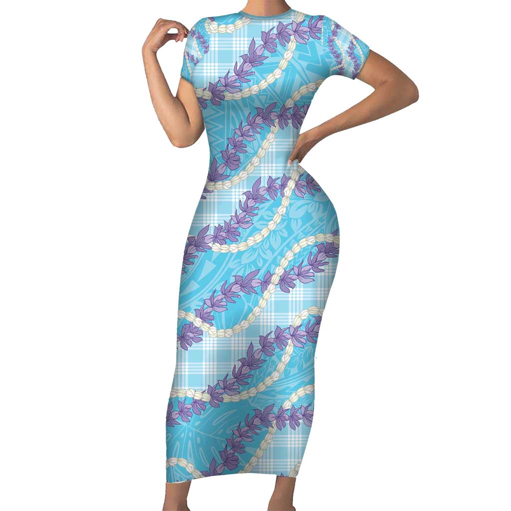 Blue Hawaii Palaka Honohono Pikake Short Sleeve Bodycon Dress Hawaiian Orchid Lei Polynesian Pattern - Polynesian Pride