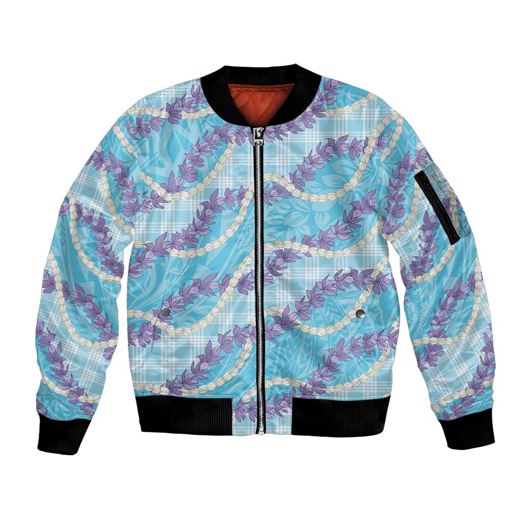 Blue Hawaii Palaka Honohono Pikake Sleeve Zip Bomber Jacket Hawaiian Orchid Lei Polynesian Pattern LT14 Unisex Blue - Polynesian Pride