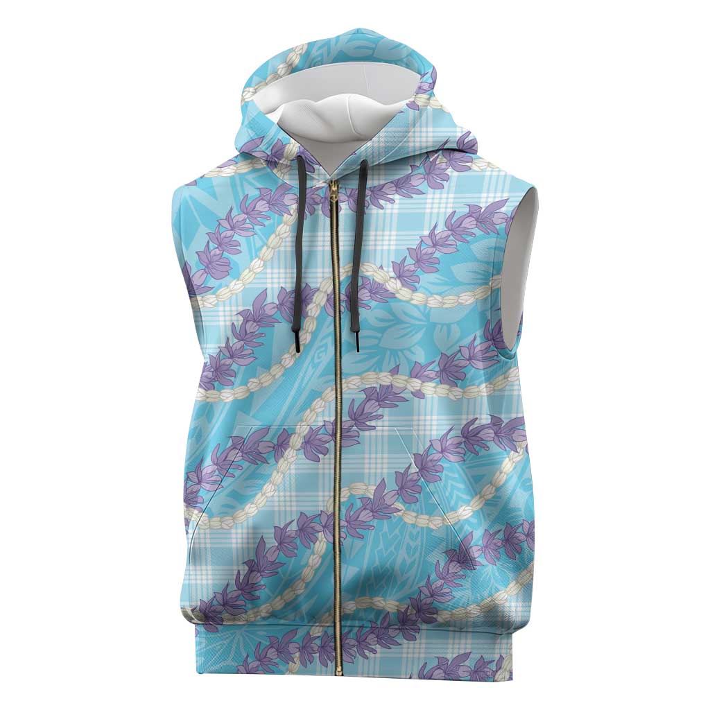 Blue Hawaii Palaka Honohono Pikake Sleeveless Zip Hoodie Hawaiian Orchid Lei Polynesian Pattern - Polynesian Pride