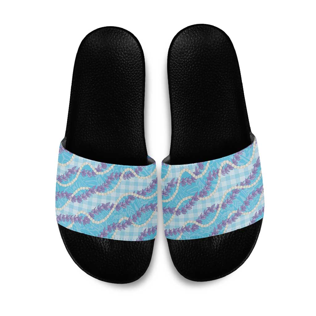 Blue Hawaii Palaka Honohono Pikake Slide Sandals Hawaiian Orchid Lei Polynesian Pattern LT14 Blue - Polynesian Pride