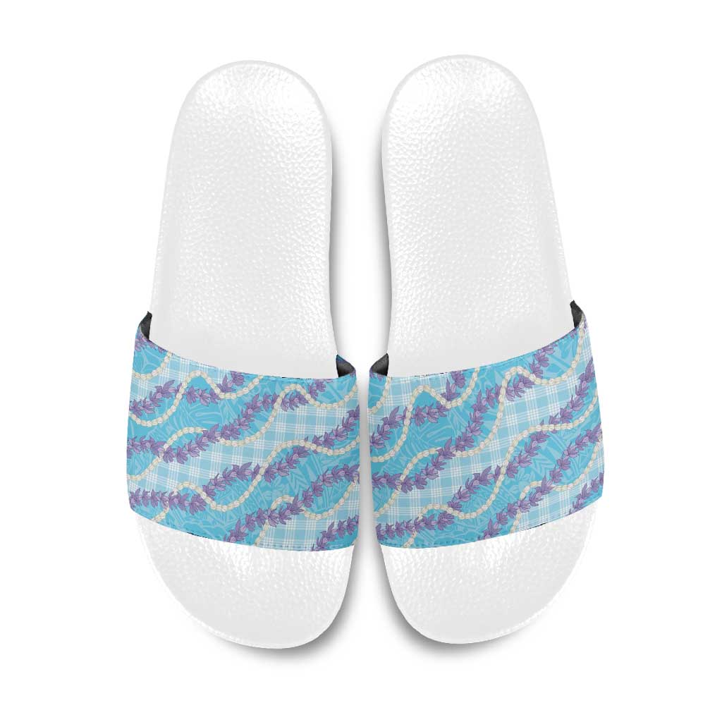 Blue Hawaii Palaka Honohono Pikake Slide Sandals Hawaiian Orchid Lei Polynesian Pattern - Polynesian Pride