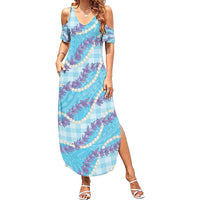 Blue Hawaii Palaka Honohono Pikake Summer Maxi Dress Hawaiian Orchid Lei Polynesian Pattern - Polynesian Pride