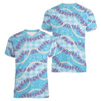 Blue Hawaii Palaka Honohono Pikake Women V-Neck T-Shirt Hawaiian Orchid Lei Polynesian Pattern - Polynesian Pride