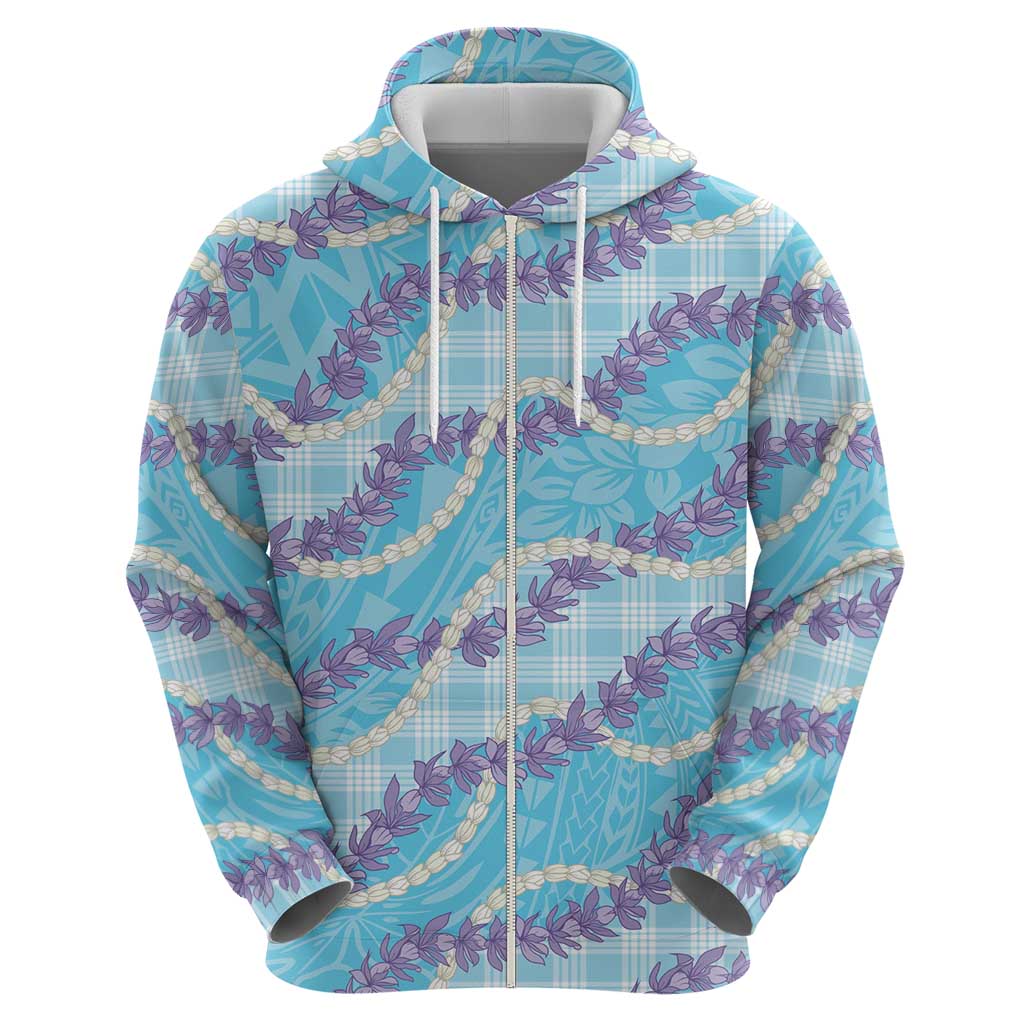 Blue Hawaii Palaka Honohono Pikake Zip Hoodie Hawaiian Orchid Lei Polynesian Pattern - Polynesian Pride