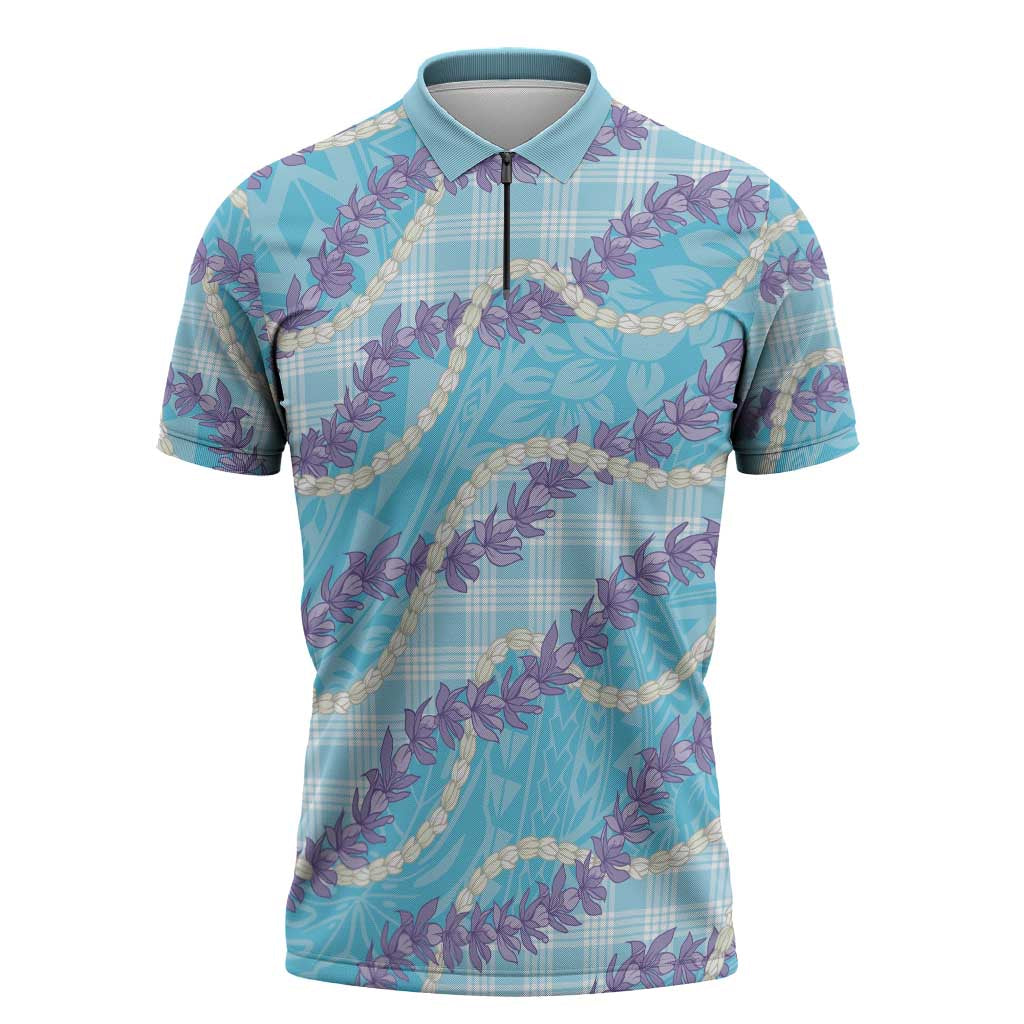 Blue Hawaii Palaka Honohono Pikake Zipper Polo Shirt Hawaiian Orchid Lei Polynesian Pattern - Polynesian Pride