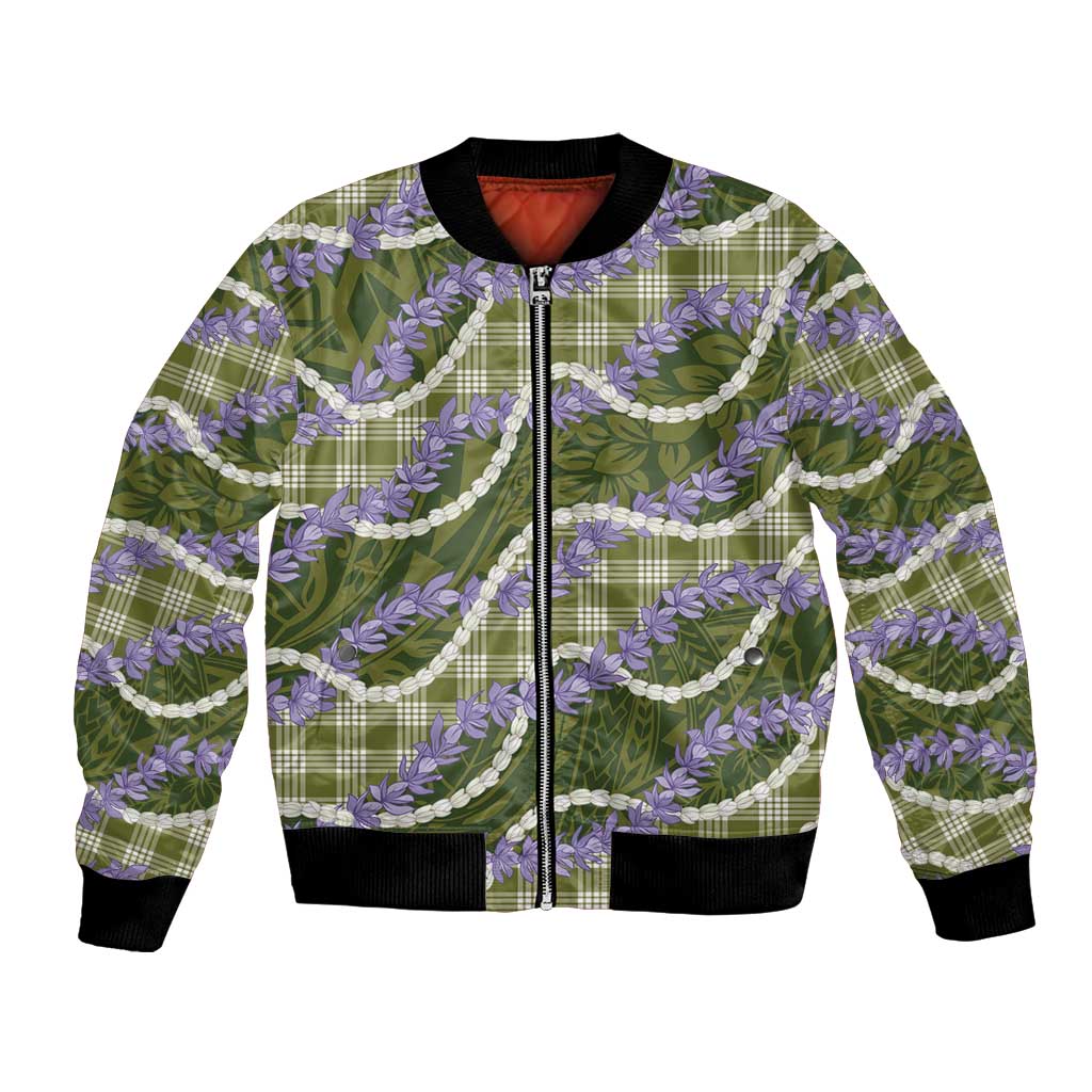 Green Hawaii Palaka Honohono Pikake Bomber Jacket Hawaiian Orchid Lei Polynesian Pattern LT14 Unisex Green - Polynesian Pride