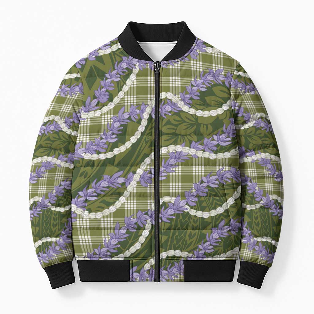 Green Hawaii Palaka Honohono Pikake Bomber Puffer Jacket Hawaiian Orchid Lei Polynesian Pattern - Polynesian Pride