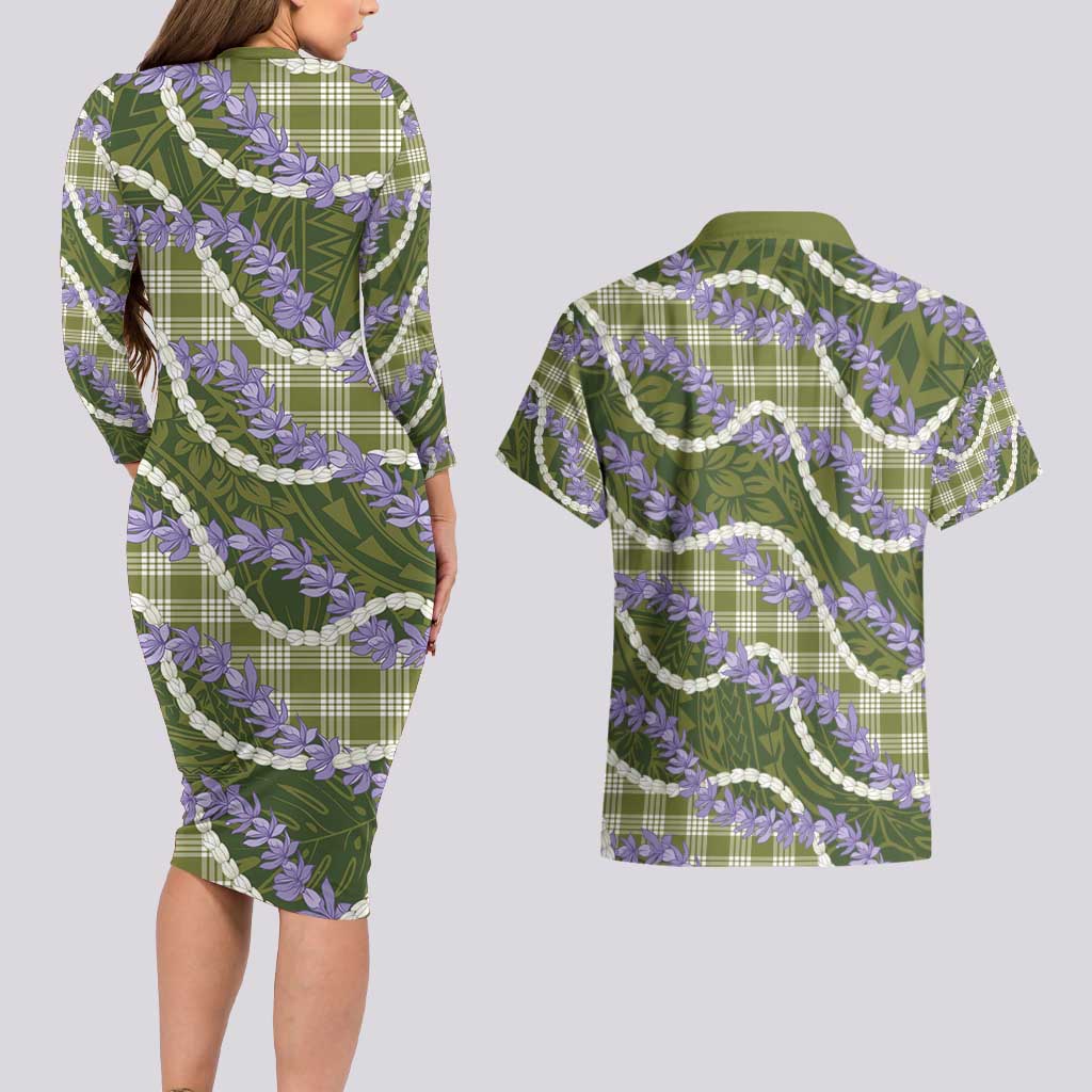 Green Hawaii Palaka Honohono Pikake Couples Matching Long Sleeve Bodycon Dress and Hawaiian Shirt Hawaiian Orchid Lei Polynesian Pattern - Polynesian Pride