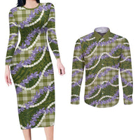 Green Hawaii Palaka Honohono Pikake Couples Matching Long Sleeve Bodycon Dress and Long Sleeve Button Shirt Hawaiian Orchid Lei Polynesian Pattern - Polynesian Pride