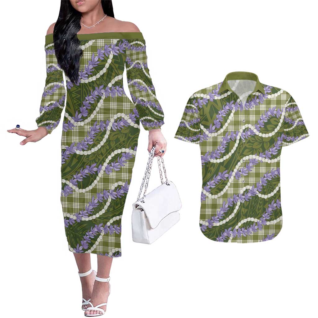Green Hawaii Palaka Honohono Pikake Couples Matching Off The Shoulder Long Sleeve Dress and Hawaiian Shirt Hawaiian Orchid Lei Polynesian Pattern - Polynesian Pride