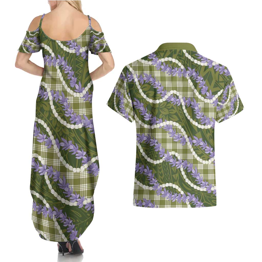 Green Hawaii Palaka Honohono Pikake Couples Matching Summer Maxi Dress and Hawaiian Shirt Hawaiian Orchid Lei Polynesian Pattern - Polynesian Pride