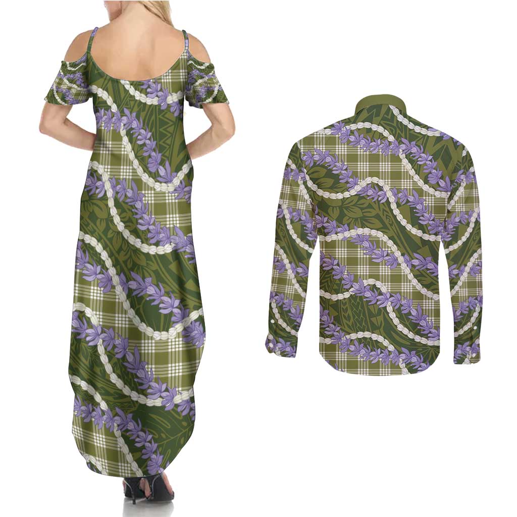 Green Hawaii Palaka Honohono Pikake Couples Matching Summer Maxi Dress and Long Sleeve Button Shirt Hawaiian Orchid Lei Polynesian Pattern - Polynesian Pride